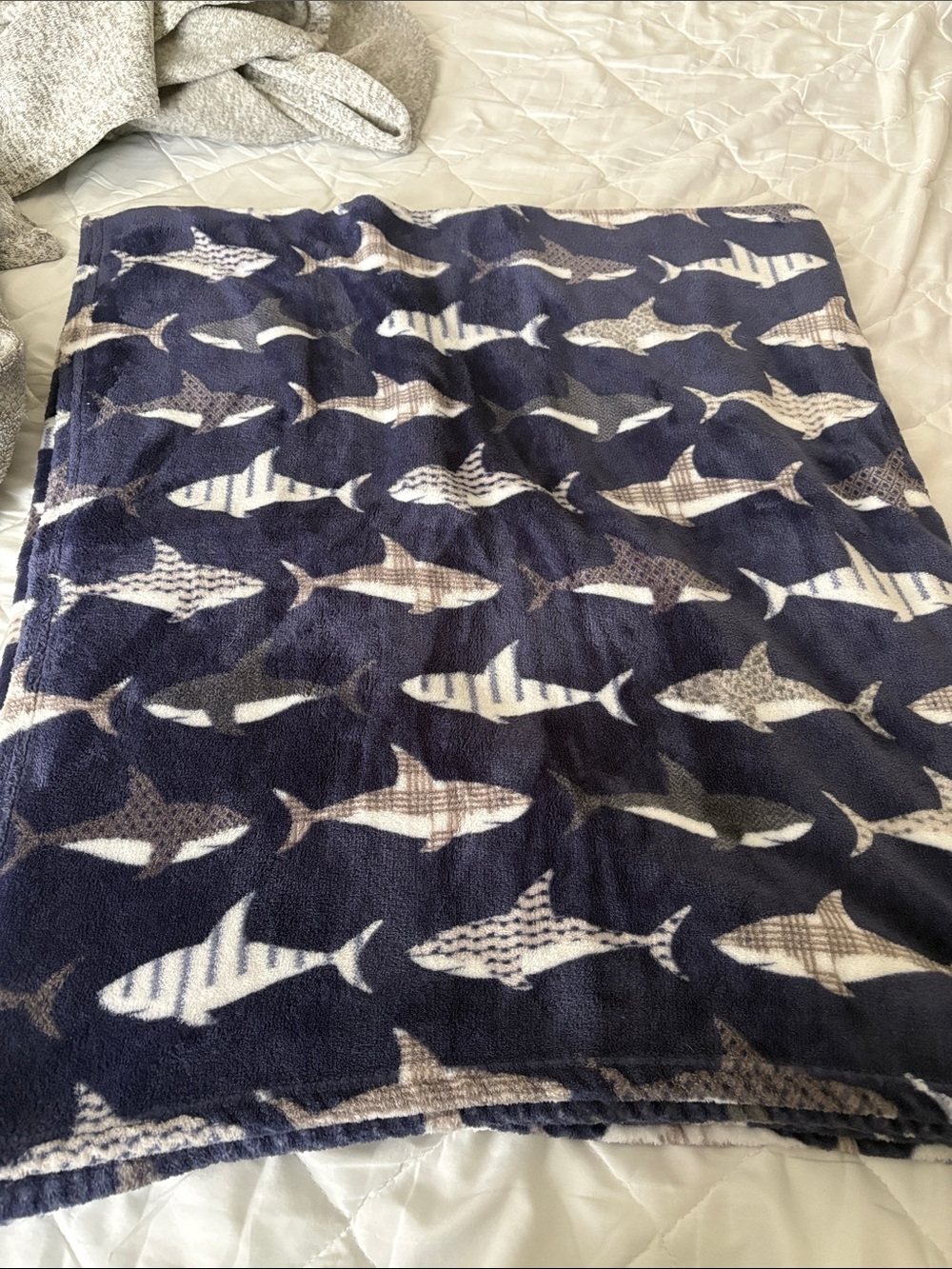 Navy Shark Print Plush Throw Blanket